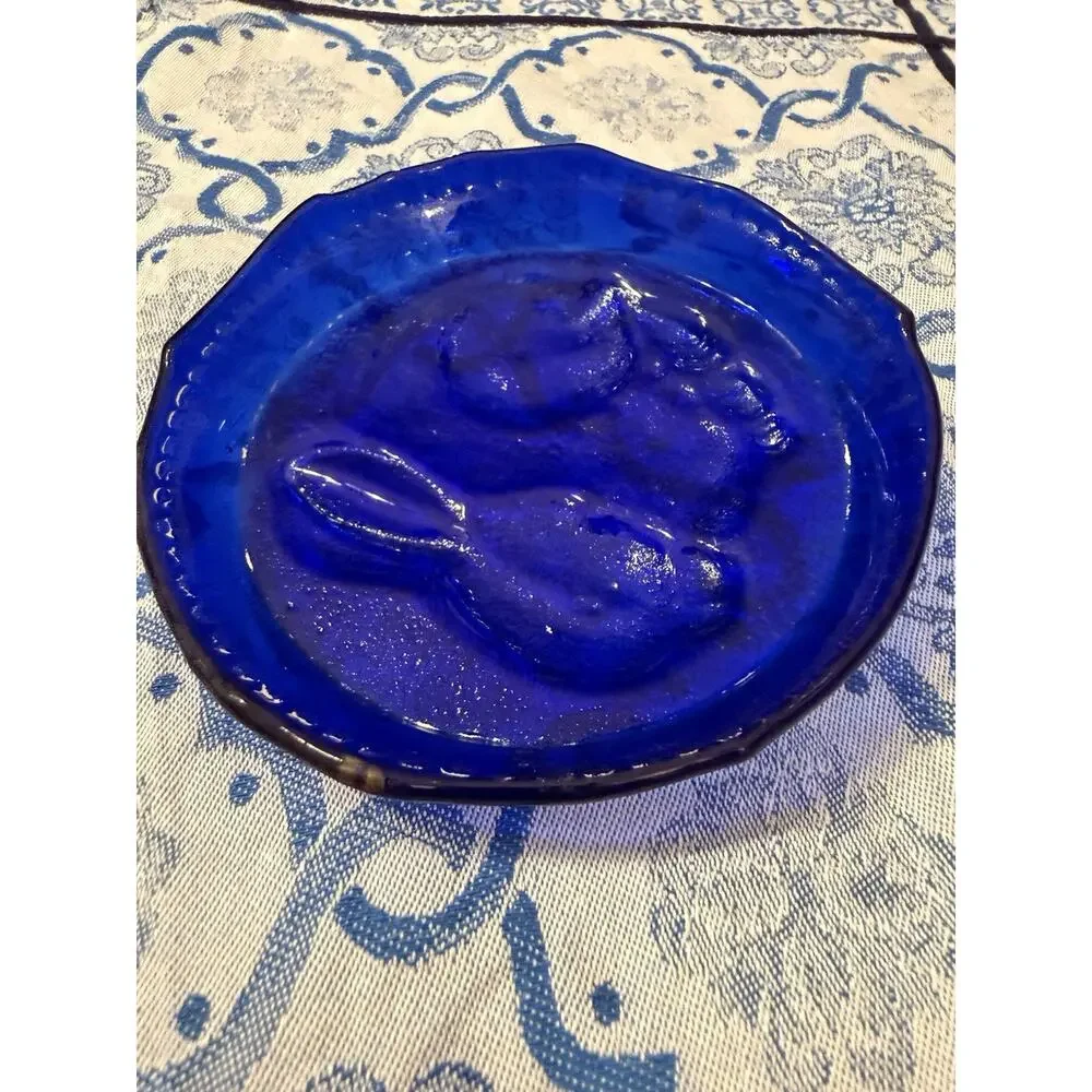 Vintage Cobalt Blue Glass Rabbit Bunny Dish Plate Pressed Glass 4.5”